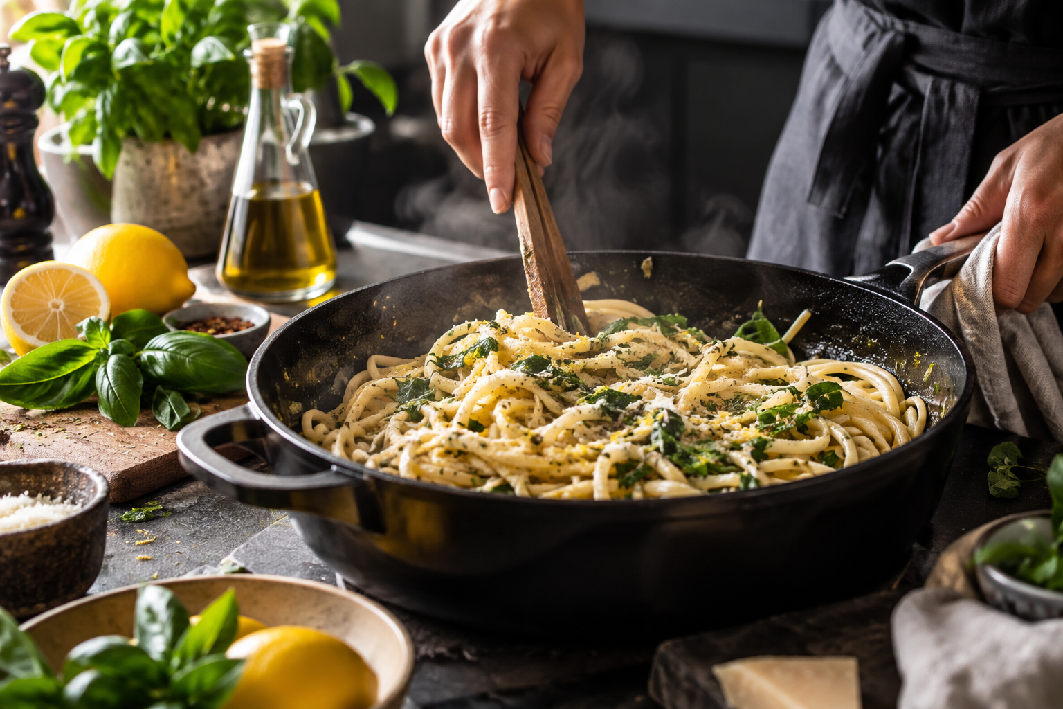A home cook stirring lemon and herb pasta in a skillet