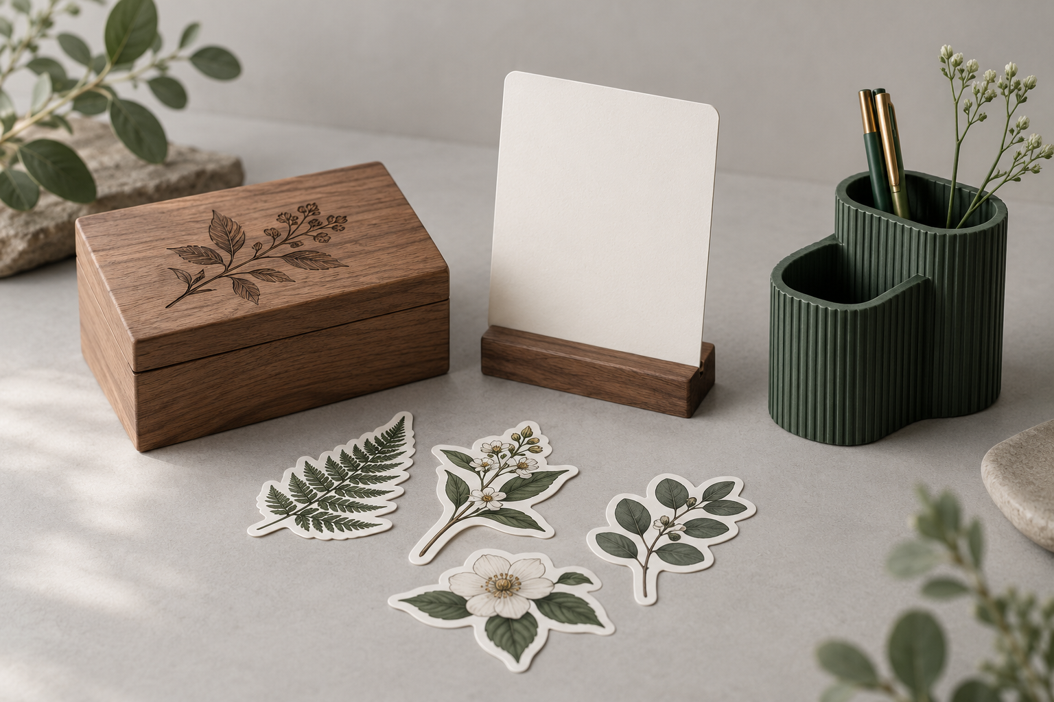 Concept arrangement of custom stickers, a wooden gift box, a desk sign, and a 3D-printed organizer